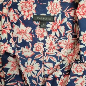 Talbots Shirt Womens Size XL Navy Blue Red Floral Button Up Top Roll Tab Sleeves